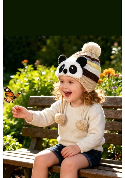 Bay Şapkacı - Sevimli Panda Tasarımlı Unisex Çocuk Kışlık Bere - 5900 Bej