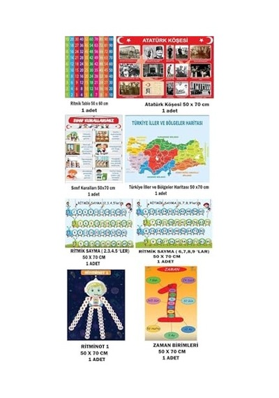 Okul Posteri 8 Parça Vinil Baskı Set Atatürk Köşesi, Türkiye Haritası, Ritmik Tablo, Sınıf Kuralları, Zaman B -