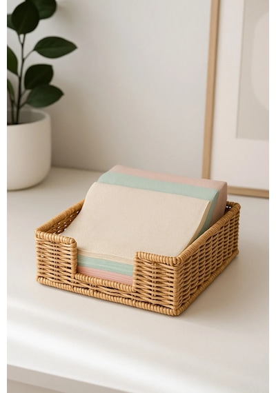 Hasır Rattan Peçetelik Saklama Kutusu Organizer Kare 18cm