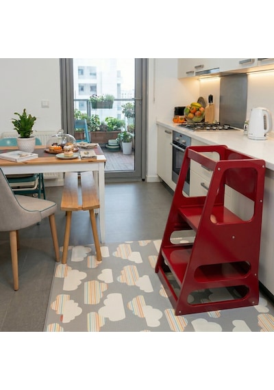 Kaidan Crimson Red Renk Çocuk Öğrenme Kulesi-etkinlik Kulesi Ayarlanabilir Basamaklı Doğal Mdf