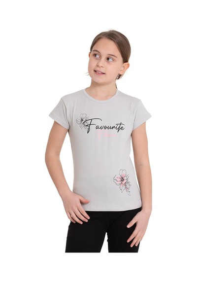 Gri Favorite Baskılı Bisiklet Yaka 5-12 Yaş Tişört 2036-1 Gri