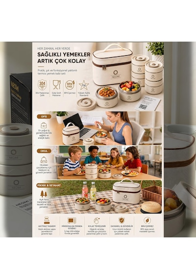 Lunch Box Isı Yalıtımlı Yemek Termosu Seti Paslanmaz Çelik Çantalı 304 Çelik Tse Belgeli Bej