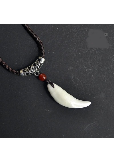 Doğal Tibet Beyaz Kurt Dişi Kolye Ayarlı Örgü Ipli Metal Charm Bo Bronz