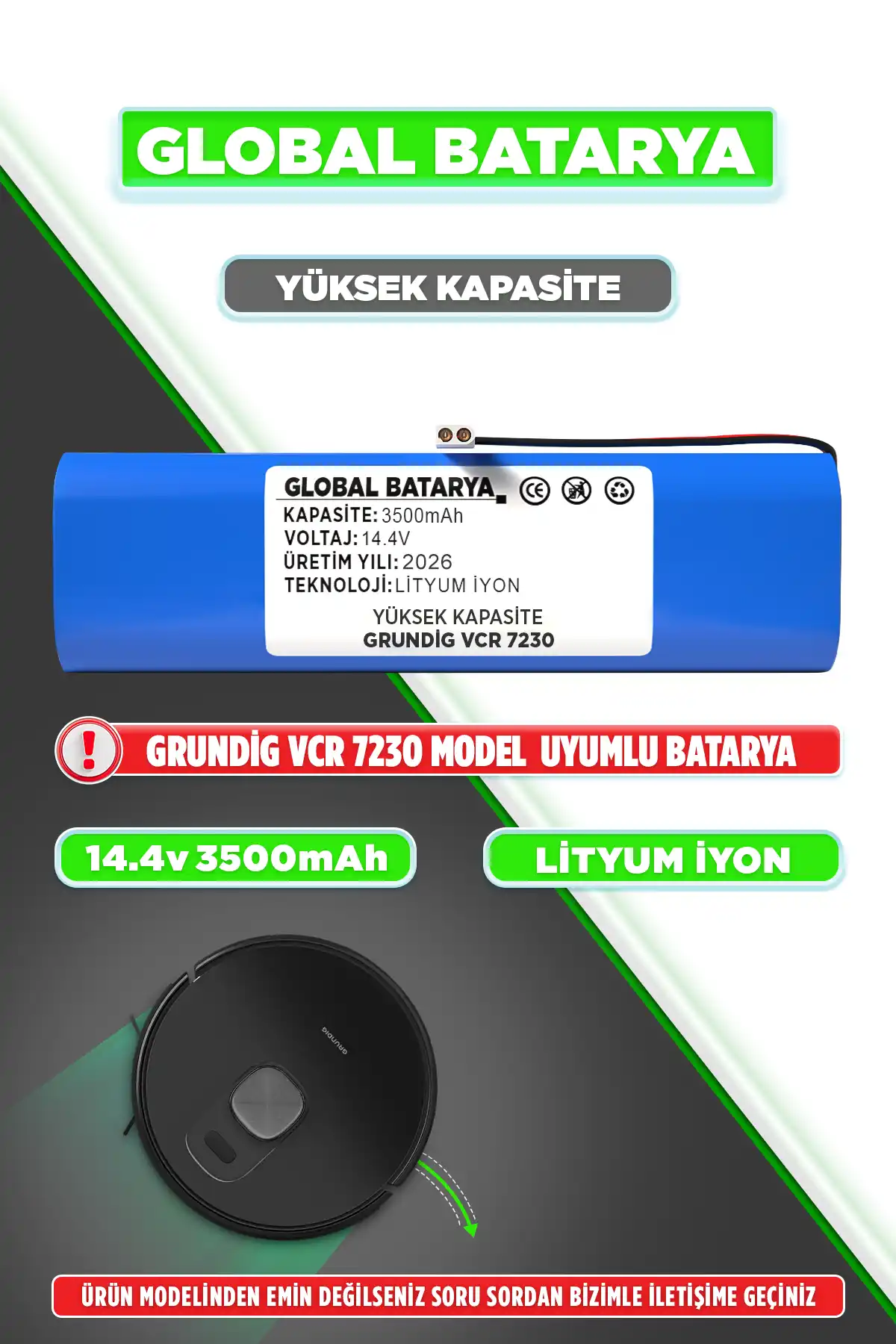 Grundig Vcr 7230 Uyumlu Robot Süpürge Bataryası 14.4v 3500mah Pil Yüksek Kapasite