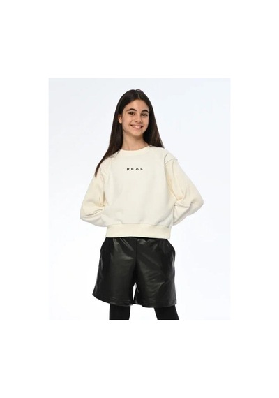 Kız Çocuk Real Yazılı Kısa Sweatshirt-13540 Ekru