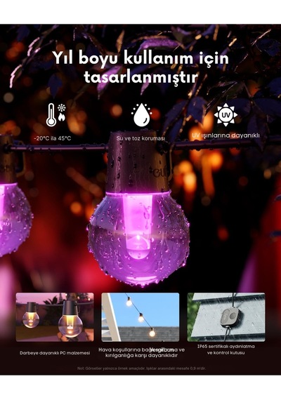 Dış Mekan Işık Zinciri E10, 30 Smart Rgbww Led, Ip65 Su Geçirmez, Aı Kontrolü Çok Renkli