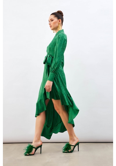 Sateen Jakarlı Asimetrik Elbise - Yeşil-132602 Yeşil
