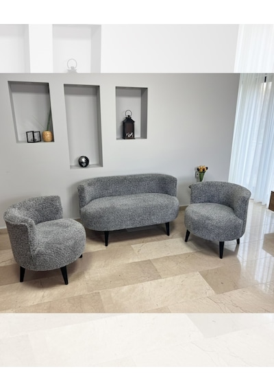 Sydney 2+1+1 Welsoft Tüylü Yumuşak Kumaş Balkon Çay Seti Koltuk Takımı - Ahşap Ayak - Kırçıllı Gri Gri - Siyah