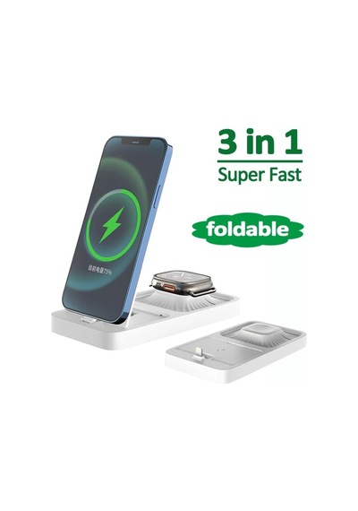 Kablosuz Şarj Standı 3 In 1 Katlanabilir Hızlı Şarj Cihazı İphone Apple Watch Uyumlu Beyaz