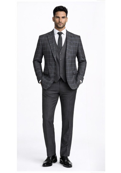 Fabio Cassel Slim Fit Mono Yaka Çift Yırtmaçlı Astarlı Takım Elbise Yelekli Gri