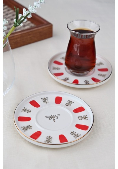 Tabak Evi Porselen Acem Zade Kırmızı Çay Tabağı 12,5cm 2 Li Çok Renkli