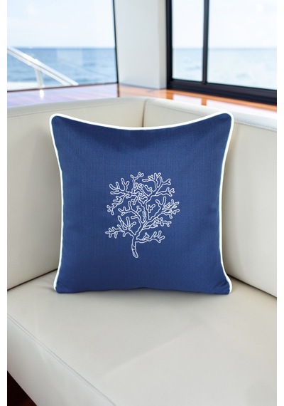 Kırlent Kılıfı 45x45 Marin Nakışlı Yosun Desen Su İtici Outdoor Keten Beyaz Biyeli Tekne Bahçe Lacivert
