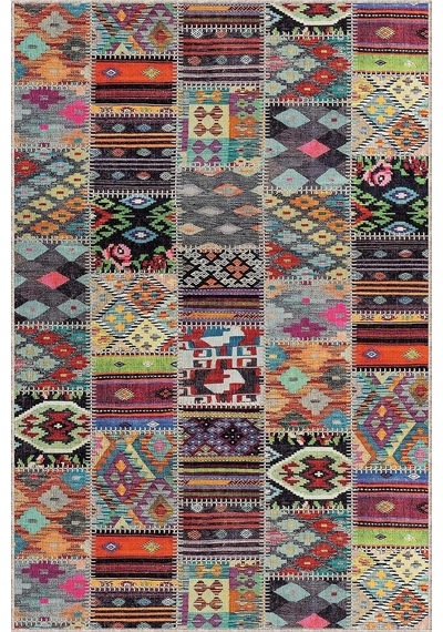 Makinede Yıkanabilir Kaymaz Tabanlı Patchwork Rulo Yolluk Halı Ar980, Çok Renkli, 100 X 350