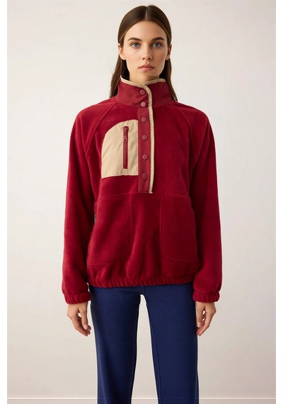 Benerly Kadın Dik Yaka Reglan Kol Oversize Polar Sweatshirt Fonksiyonel D Bordo