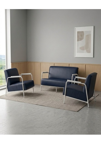 Atlas 2+1+1 Deri Ofis Büro Modern Bekleme Koltuk Takımı Beyaz Metal İskelet - Lacivert Atlas 2+1+1 Deri Ofis Büro Modern Bekleme Koltuk Takımı Beyaz Metal İskelet - Lacivert