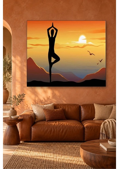 Fida Turuncu Gün Batımında Yoga Silueti Canvas Tablo Çok Renkli