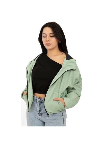 Kadın Su Yeşili Kapüşonlu Su Ve Rüzgar Geçirmez Cepli İçi Astarlı Oversize Yağmurluk Su Yeşili