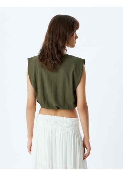 Koton Crop Kolsuz Bluz Bisiklet Yaka Beli Lastikli Viskon Kumaş Haki 4sak70097ek Haki