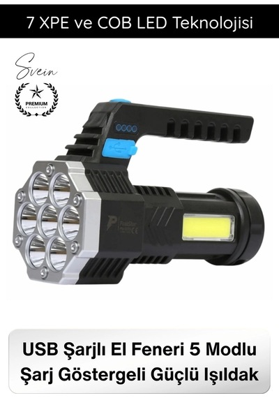 Fener Usb Şarjlı El Feneri 7 Xpe Cob Led 5 Modlu Şarj Göstergeli Güçlü Işıldak Abs Gövdeli Taşınabi Çok Renkli