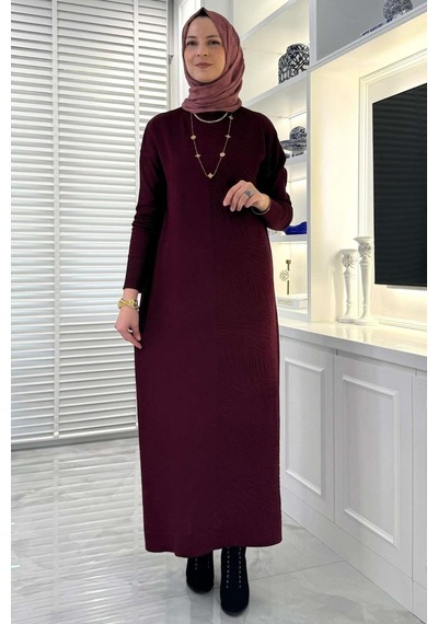 Rabia Şamlı Zebra Desen Triko Elbise Bordo Normal