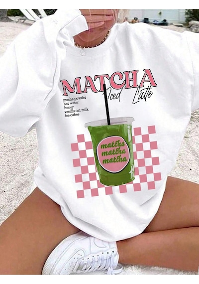 Startmore Women's Casual Loose Fit Matcha Drink Graphic Pullover Sweatshirt, Round Neck Long Sleeve Çok Renkli