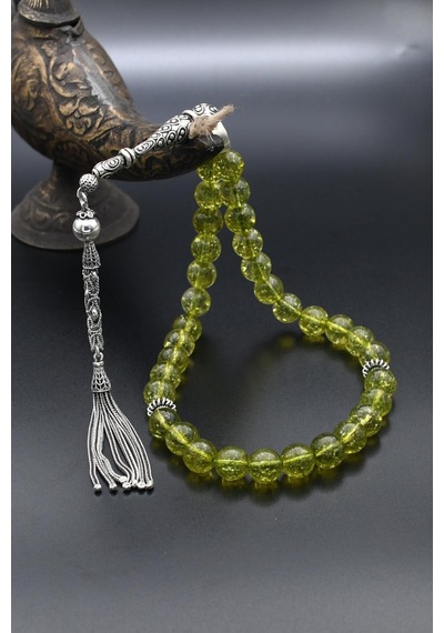 33'lük Doğal Peridot Taşlı Tesbih 925 Ayar Gümüş Püsküllü 10mm Küre Kesim