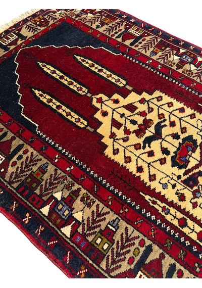El Dokuma Sıfır Adana Yörük Halısı 100x150 Krem Kırmızı %100 Kök Boya Yün Halı