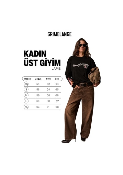 Grımelange Lapıs Kadın Organik Pamuklu Uzun Kollu Baskılı Siyah T-shirt