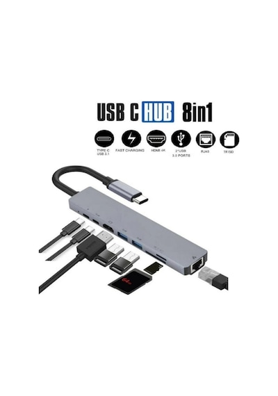 8 in 1 Ethernet SD - USB Type-C - Hub - HDMI Girişli Apple Uyumlu MacBook Çevirici