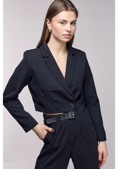 Saade Sââde Kadın Regular Fit Kruvaze Kapama Dokuma Crop Blazer Ceket -şık & Spor Siyah