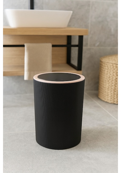 İndecor Houseware Liza Beyaz Çizgili Yuvarlak Banyo Çöp Kovası - Mutfak Çöp Kutusu - Ofis Çöp Kovası 5 Litre Siyah