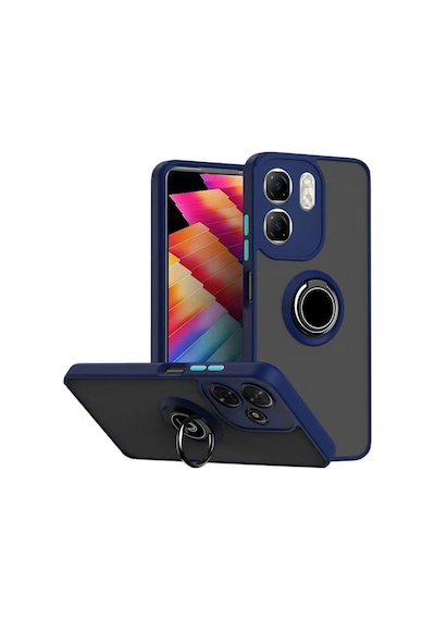 Infinix Smart 9 Uyumlu Kılıf Yüzüklü Standlı Extra Darbe Koruma Sert Silikon Kapak - Lacivert