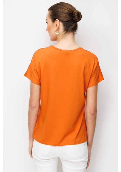 Kadın Sıfır Yaka Nakış İşlemeli Düşük Kollu Penye T-shirt Turuncu Turuncu