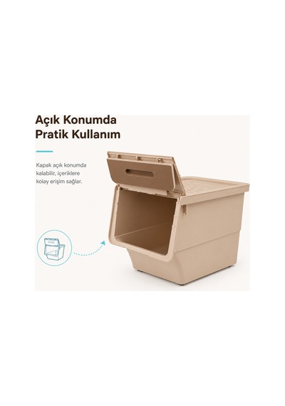 3 Katlı Tekerlekli Kapaklı Saklama Kutusu, Eşya Ve Erzak Organizer 3x12 Litre Kahverengi Bej Bej