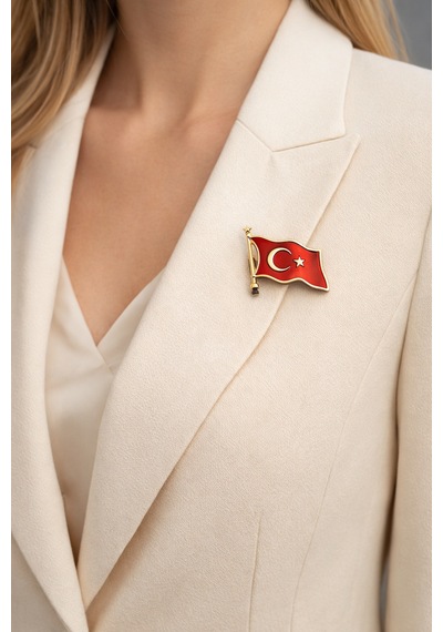 Türk Bayrağı Figürlü Metal Broş Kırmızı Gold Detaylı Tasarım Açık Gri