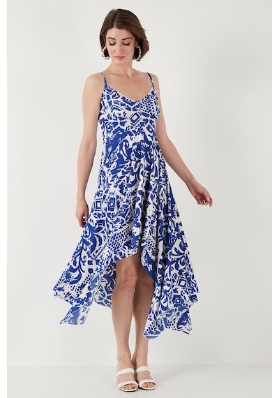 Lela Desenli Asimetrik Kesim Regular Fit Midi Boy Askılı Bayan Elbise 5866126 Saks