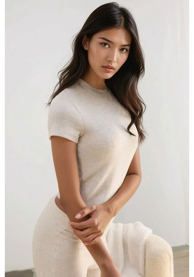Hiccup Slim Fit Triko Crop Bluz Natural