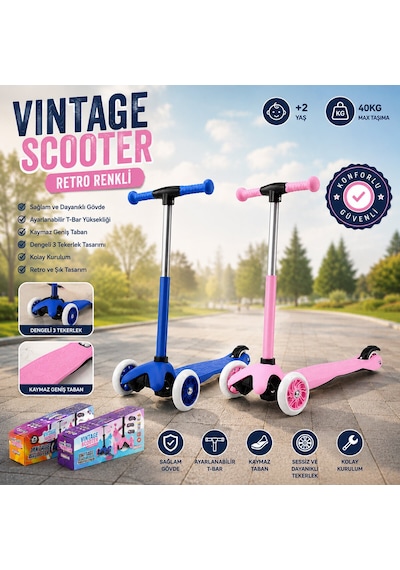 Işıksız Vıntage Scooter 55x57-64-71cm Retro Renkli +2 Yaş - 40kg Max Taşıma Herhangi Bir Renk Gönderilir 5286