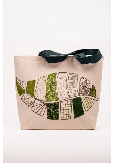 Fabric Craft Bag Omuz Çantası Duck Kumaş Patchwork Sashiko El İşlemeli Astarlı Telalı Günlük Çanta 44x34 Cm Acı Kahverengi - Bej
