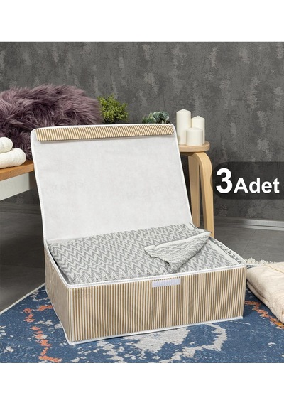 Tr Çok Amaçlı Düzenleyici Kapaklı Sandık Tipi Kutu Hurç Organizer 3 Lü Set Kahverengi, Baza 50 X 40 X 19 Genel