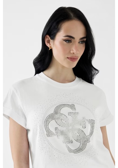 Guess Round Straslı Logo Kadın Regular Fit T-shirt W6yı18k4331 Beyaz