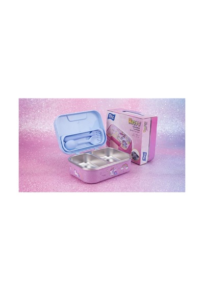 304 Paslanmaz Çelik 2 Katlı 2 Bölmeli 1030ml Happii Beslenme Çantası Temalı Lunch Box Pembe