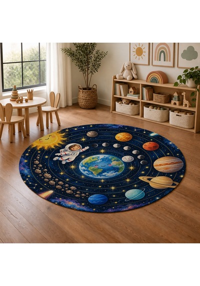 Kartela Halı Uzay Yörüngesi Yuvarlak Çocuk Oyun Halısı Kaymaz Dot Taban Yıkanabilir 120 Cm Çap