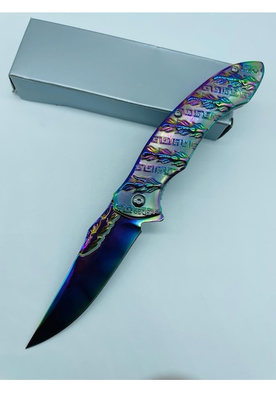 Tobaccotürk724 Yaprak Kabartmalı Spekturmrenk Metal Kamp Çakı //21cm-195gr Gri