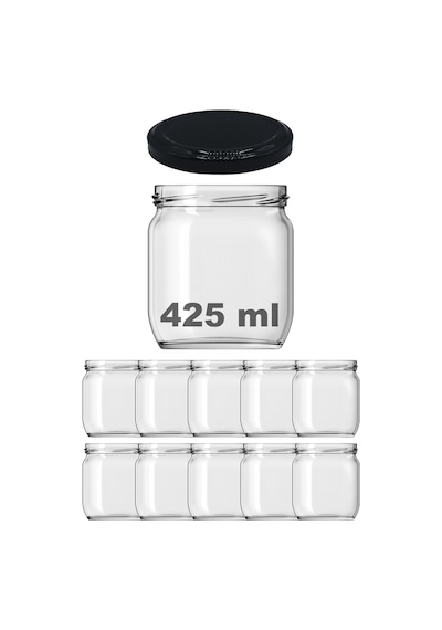 Afracam Metal Kapaklı Şeffaf Cam Kavanoz 10 Adet Siyah 425 ML