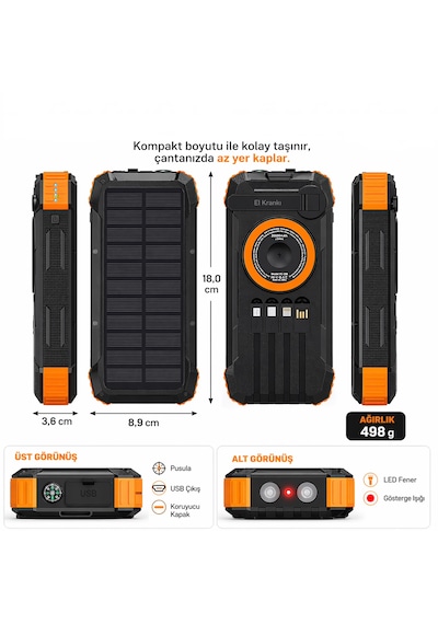 Ultratekno Fc-20 Solar Powerbank 20000 Mah 22.5w Hızlı Şarj Kablosuz Şarj El Kranklı Led Fenerli Taşınabilir Güç Bankası Siyah - Turuncu