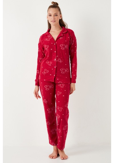 Lela Standart Fit Düğmeli Polarlı Bayan Pijama Takımı 6095616 Kırmızı