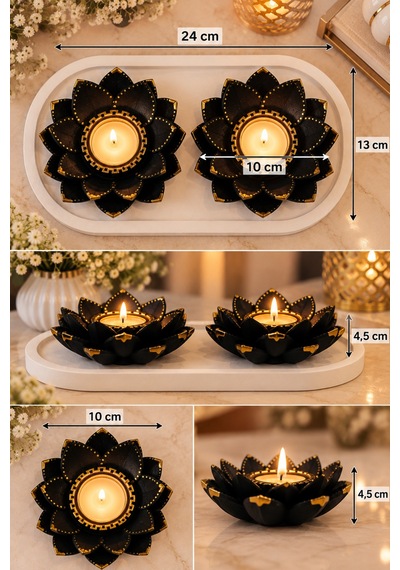 Lotus Çiçeği 2 Li Dekoratif Mumluk Seti Siyah Altın Taş Tozu El Yapımı Siyah