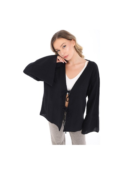 Blayn Jeans Blayn Kadın Keten Kimono Oversize Rahat Kalıp Yazlık Uzun Kollu Kimono Siyah