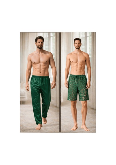 Qmen Style Erkek Kimono Takımı 3 Lü Dantel Set Bornoz + Pantolon + Şort Yeşil